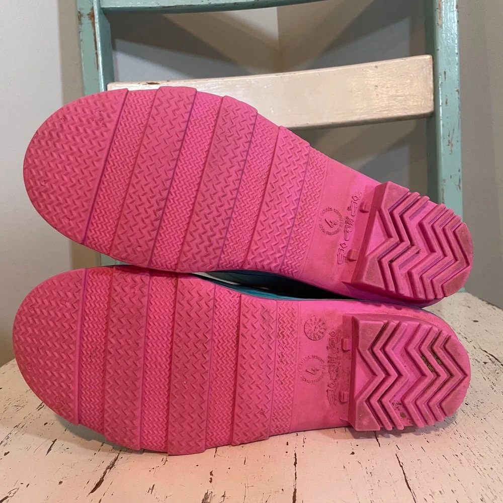 Kamik Raindrops Kids Turquoise Pink Waterproof‎ Rubber Rain Boots Size 4 Wellies